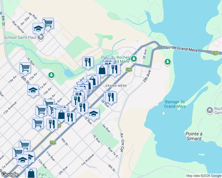 map of restaurants, bars, coffee shops, grocery stores, and more near 359 5e Avenue in Shawinigan