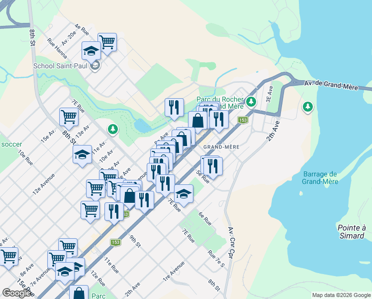 map of restaurants, bars, coffee shops, grocery stores, and more near 428 Avenue de Grand-Mère in Shawinigan