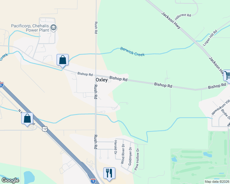 map of restaurants, bars, coffee shops, grocery stores, and more near 1480 Rush Road in Chehalis
