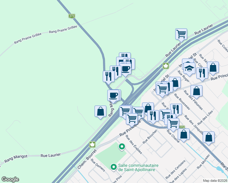 map of restaurants, bars, coffee shops, grocery stores, and more near 481 Québec 273 in Saint-Apollinaire