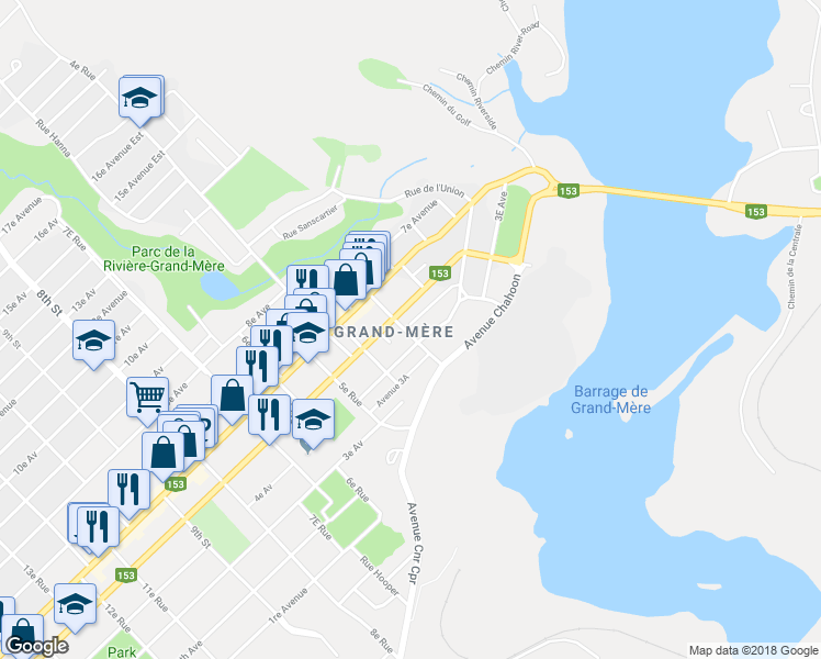 map of restaurants, bars, coffee shops, grocery stores, and more near 442 3e Rue in Shawinigan