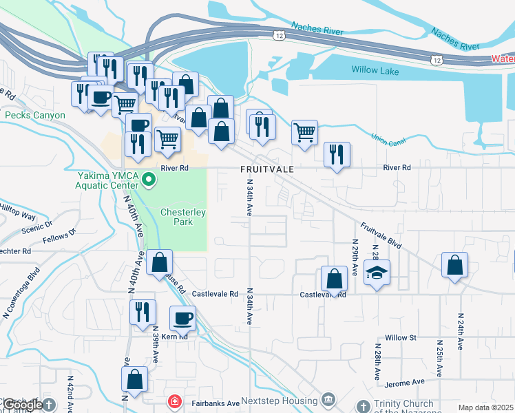 map of restaurants, bars, coffee shops, grocery stores, and more near 1107 N 34th Ave in Yakima