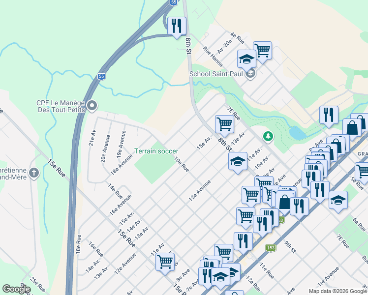 map of restaurants, bars, coffee shops, grocery stores, and more near 941 16e Avenue in Shawinigan