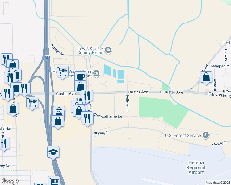 map of restaurants, bars, coffee shops, grocery stores, and more near East Custer Avenue in Helena