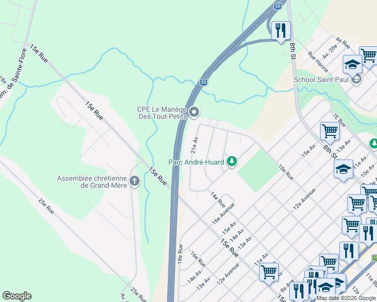 map of restaurants, bars, coffee shops, grocery stores, and more near 1160 21e Av in Shawinigan