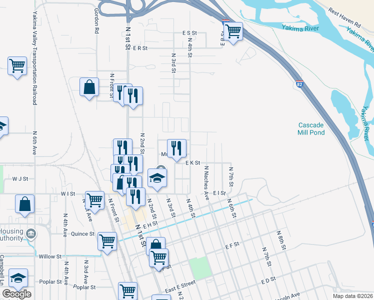 map of restaurants, bars, coffee shops, grocery stores, and more near 1110 North 4th Street in Yakima