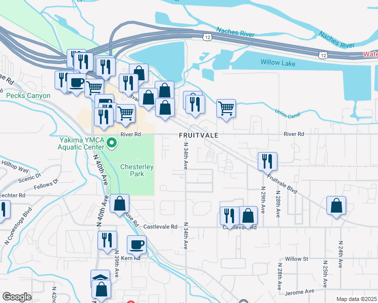 map of restaurants, bars, coffee shops, grocery stores, and more near 1107 North 34th Avenue in Yakima
