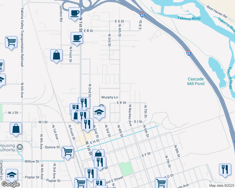 map of restaurants, bars, coffee shops, grocery stores, and more near 1110 North 4th Street in Yakima