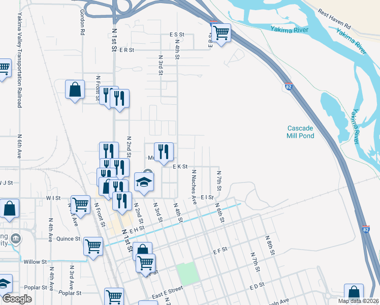 map of restaurants, bars, coffee shops, grocery stores, and more near 1112 North Naches Avenue in Yakima