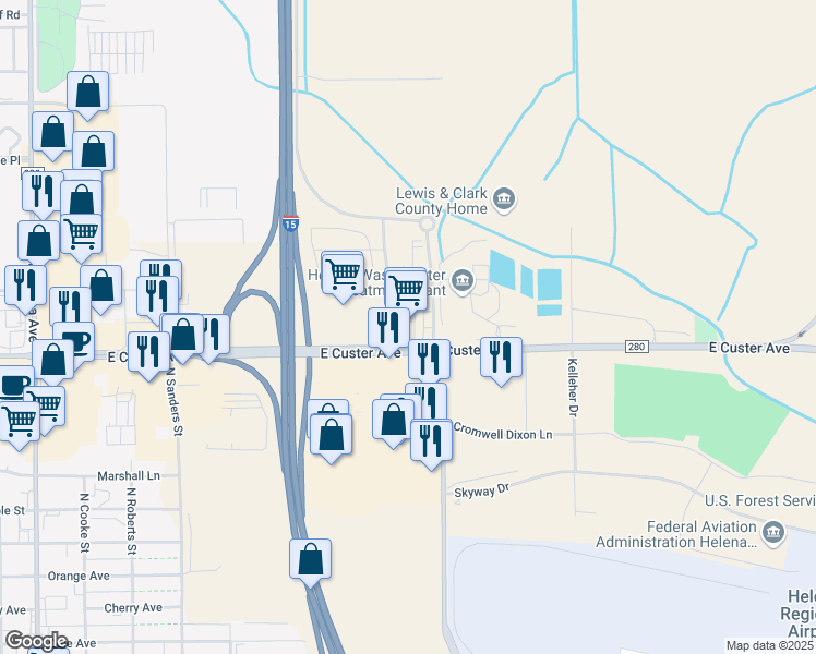 map of restaurants, bars, coffee shops, grocery stores, and more near 1822 East Custer Avenue in Helena