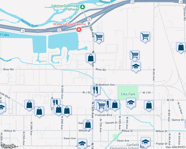 map of restaurants, bars, coffee shops, grocery stores, and more near 1206 North 16th Avenue in Yakima