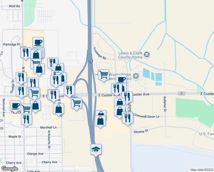 map of restaurants, bars, coffee shops, grocery stores, and more near 1822 East Custer Avenue in Helena