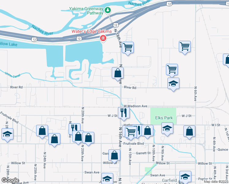 map of restaurants, bars, coffee shops, grocery stores, and more near 1214 North 16th Avenue in Yakima