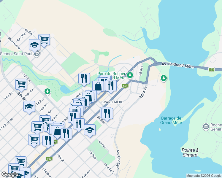 map of restaurants, bars, coffee shops, grocery stores, and more near 259 Avenue de Grand-Mère in Shawinigan