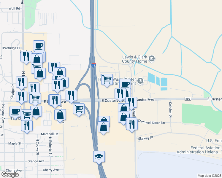 map of restaurants, bars, coffee shops, grocery stores, and more near 1822 East Custer Avenue in Helena