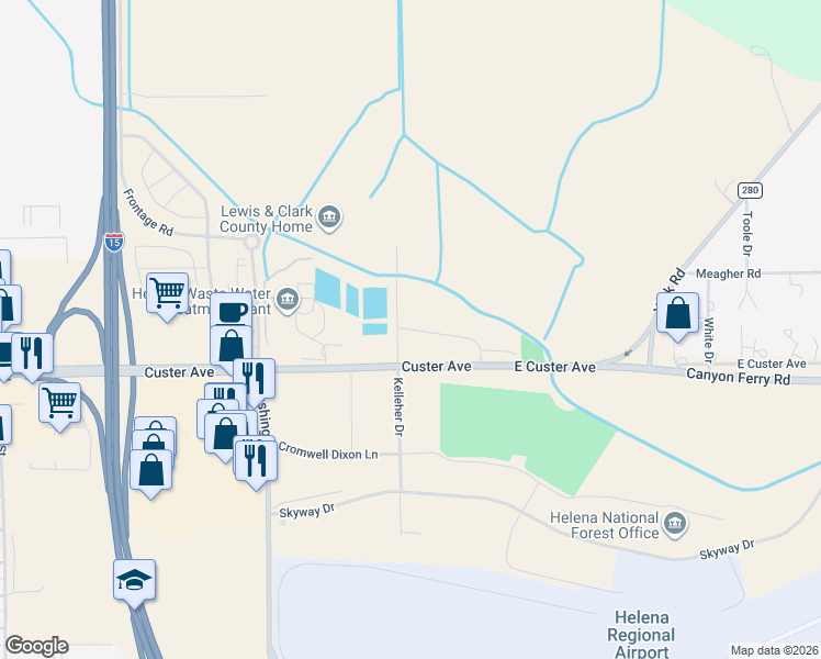 map of restaurants, bars, coffee shops, grocery stores, and more near 1822 East Custer Avenue in Helena