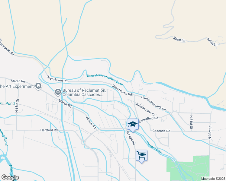 map of restaurants, bars, coffee shops, grocery stores, and more near 2491-2729 Rest Haven Road in Yakima