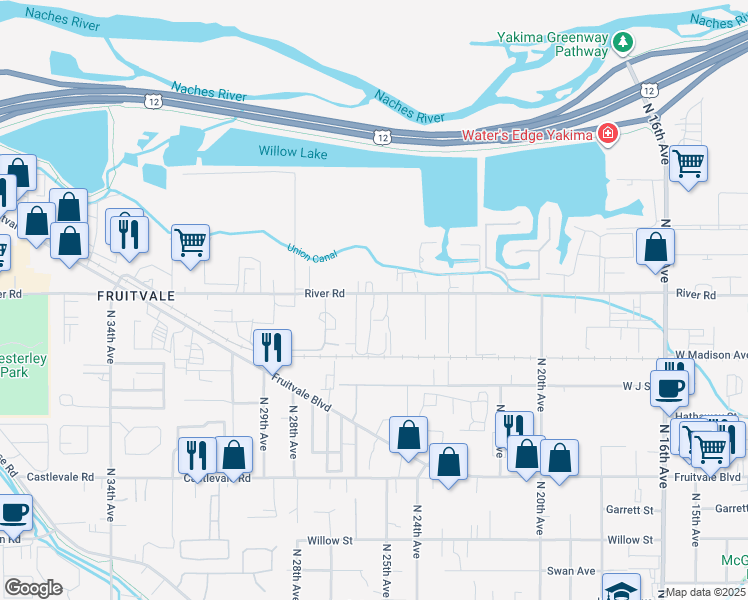 map of restaurants, bars, coffee shops, grocery stores, and more near 2521 River Rd in Yakima