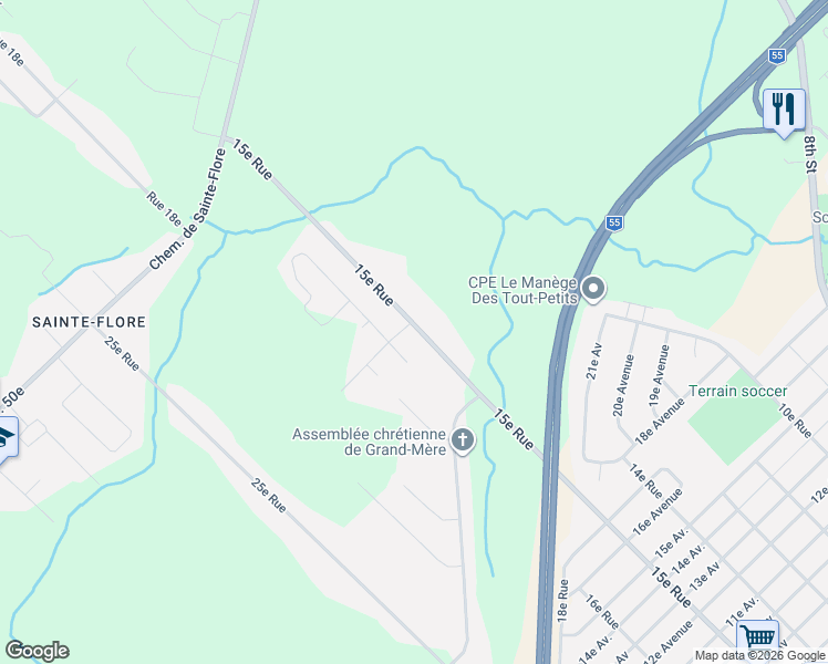 map of restaurants, bars, coffee shops, grocery stores, and more near 15e Rue in Shawinigan