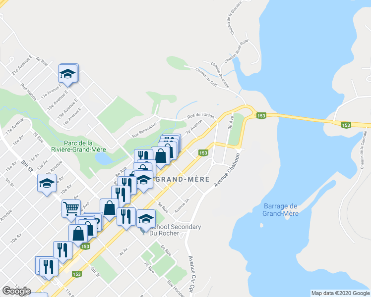 map of restaurants, bars, coffee shops, grocery stores, and more near 2e Rue in Shawinigan