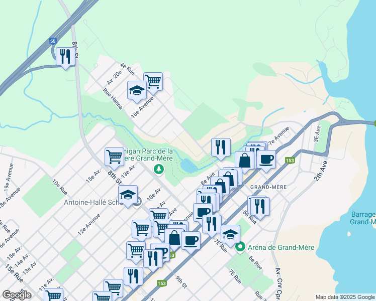map of restaurants, bars, coffee shops, grocery stores, and more near 1081 Rue Laing in Shawinigan