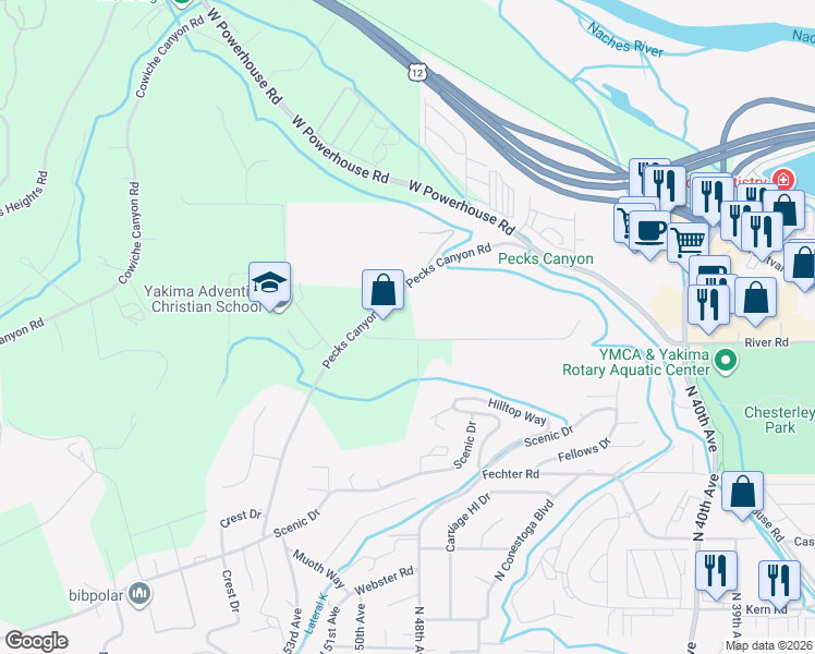 map of restaurants, bars, coffee shops, grocery stores, and more near 1207 Pecks Canyon Road in Yakima