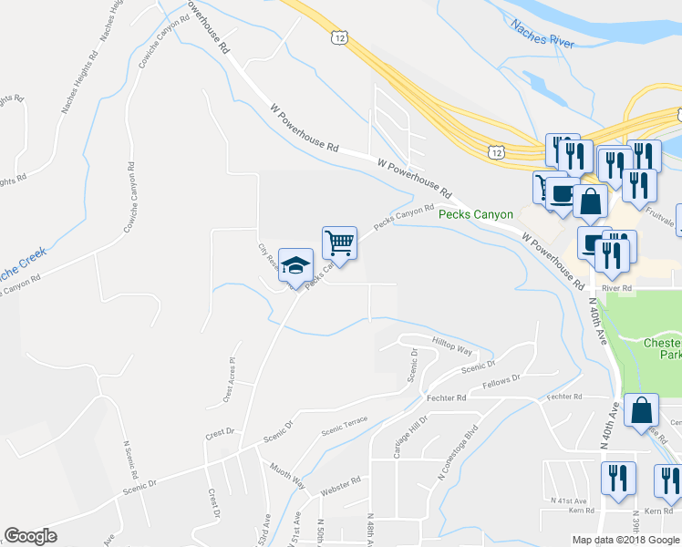 map of restaurants, bars, coffee shops, grocery stores, and more near 1209 Pecks Canyon Road in Yakima