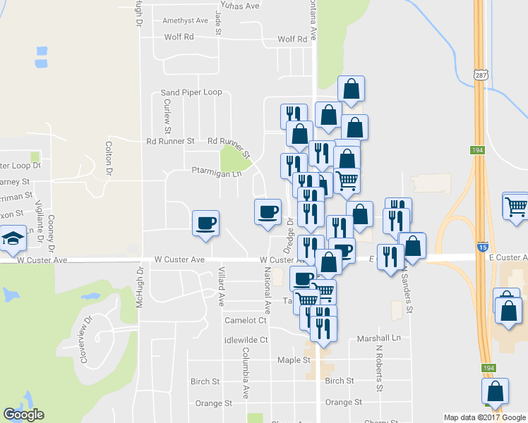 map of restaurants, bars, coffee shops, grocery stores, and more near 1035 Road Runner Street in Helena
