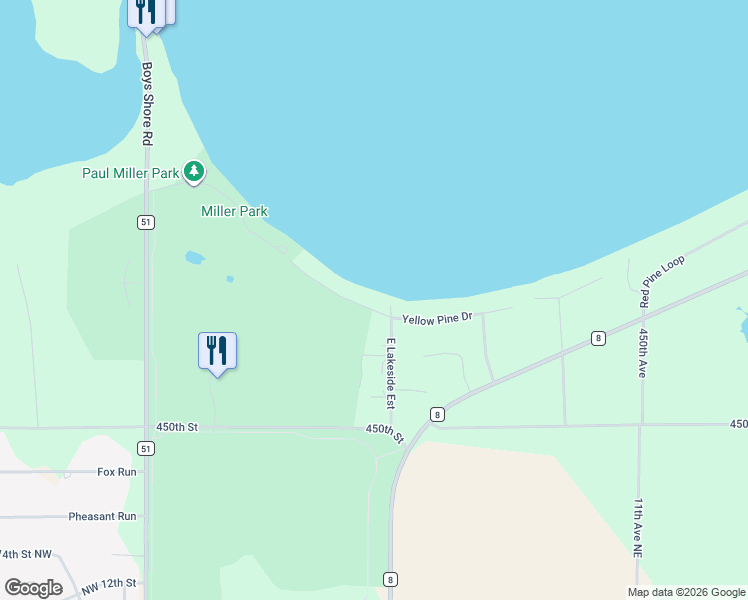 map of restaurants, bars, coffee shops, grocery stores, and more near 44463 Yellow Pine Drive in Perham