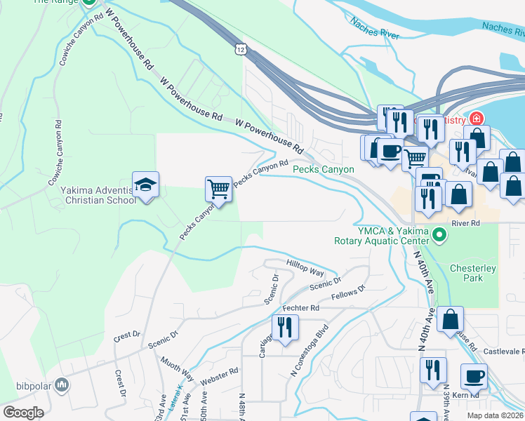map of restaurants, bars, coffee shops, grocery stores, and more near 1207 Pecks Canyon Road in Yakima