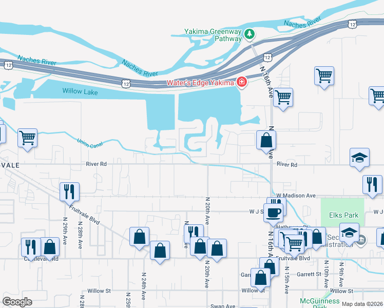map of restaurants, bars, coffee shops, grocery stores, and more near 2009 Lakeview Drive in Yakima