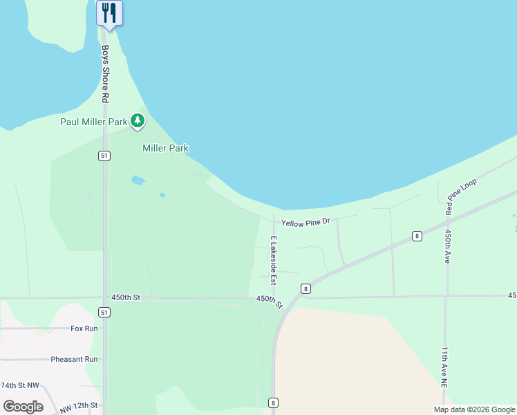 map of restaurants, bars, coffee shops, grocery stores, and more near 44463 Yellow Pine Drive in Perham