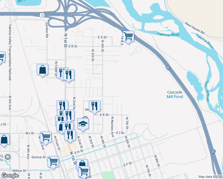 map of restaurants, bars, coffee shops, grocery stores, and more near 1211 1/2 North 4th Street in Yakima