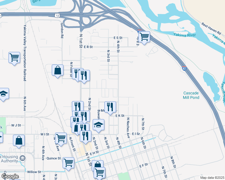 map of restaurants, bars, coffee shops, grocery stores, and more near 1200-1302 N 4th St in Yakima