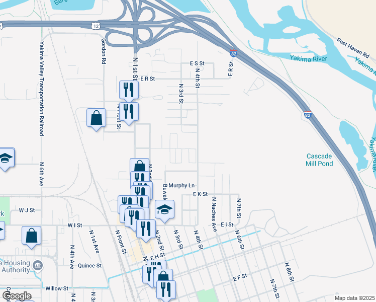 map of restaurants, bars, coffee shops, grocery stores, and more near 1200-1302 N 4th St in Yakima