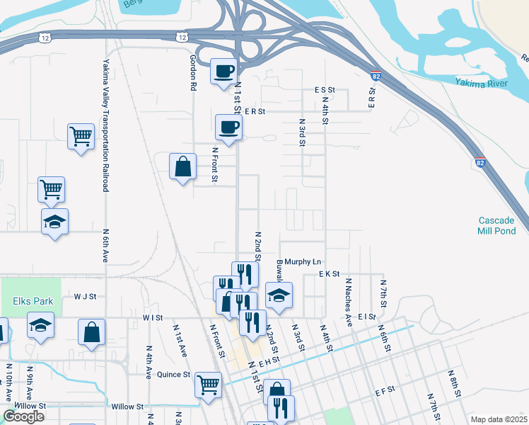 map of restaurants, bars, coffee shops, grocery stores, and more near 204 East N Street in Yakima