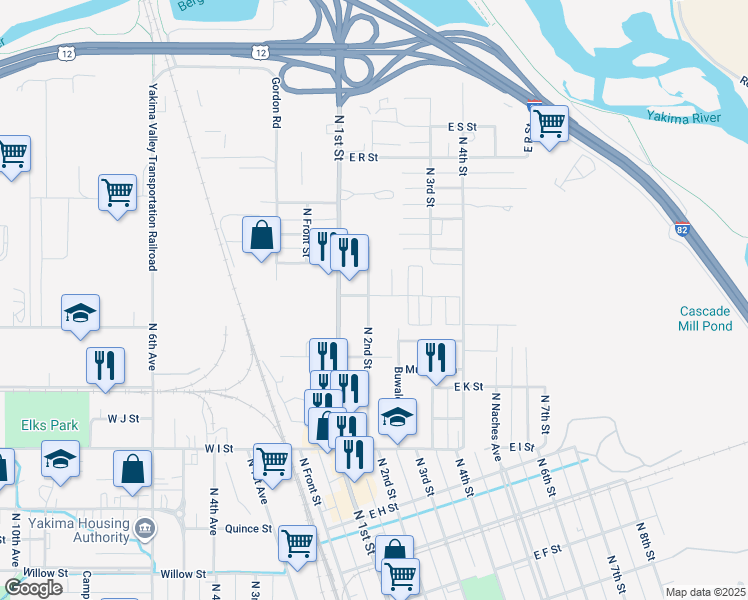 map of restaurants, bars, coffee shops, grocery stores, and more near 202 East N Street in Yakima