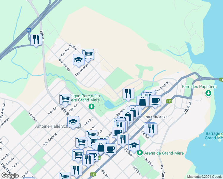 map of restaurants, bars, coffee shops, grocery stores, and more near 1085 4e Rue in Shawinigan