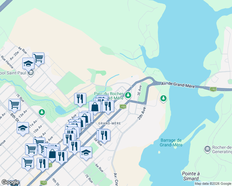 map of restaurants, bars, coffee shops, grocery stores, and more near 99 7e Avenue in Shawinigan