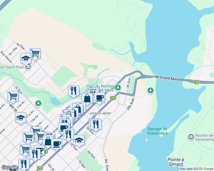 map of restaurants, bars, coffee shops, grocery stores, and more near 99 7e Avenue in Shawinigan