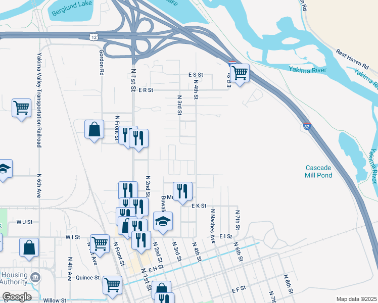 map of restaurants, bars, coffee shops, grocery stores, and more near 1302 North 4th Street in Yakima