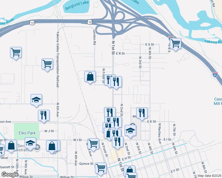 map of restaurants, bars, coffee shops, grocery stores, and more near 1304 North 1st Street in Yakima