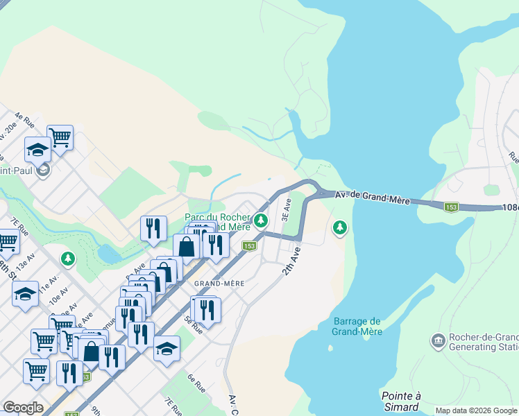 map of restaurants, bars, coffee shops, grocery stores, and more near 60 Avenue de Grand-Mère in Shawinigan