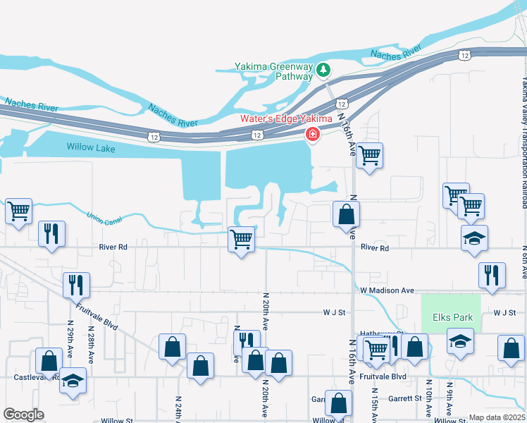 map of restaurants, bars, coffee shops, grocery stores, and more near 1208 North 20th Avenue in Yakima