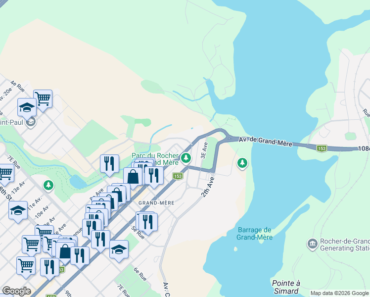 map of restaurants, bars, coffee shops, grocery stores, and more near 60 Avenue de Grand-Mère in Shawinigan