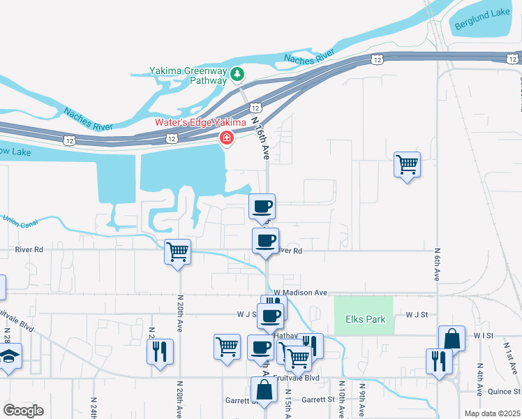 map of restaurants, bars, coffee shops, grocery stores, and more near 1214 North 16th Avenue in Yakima