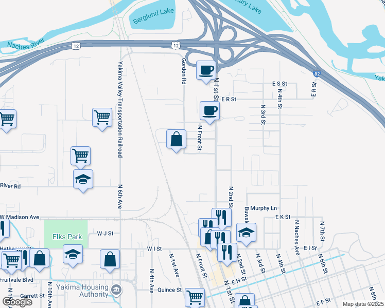 map of restaurants, bars, coffee shops, grocery stores, and more near 1401-1457 Gordon Road in Yakima