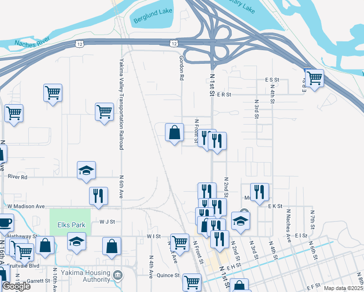 map of restaurants, bars, coffee shops, grocery stores, and more near 1401 Gordon Road in Yakima