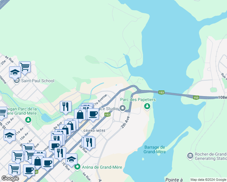 map of restaurants, bars, coffee shops, grocery stores, and more near 20 Rue de l'Union in Shawinigan