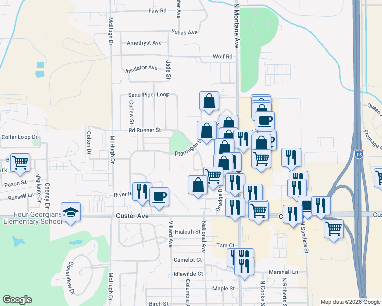 map of restaurants, bars, coffee shops, grocery stores, and more near 1004 Redpoll Loop in Helena